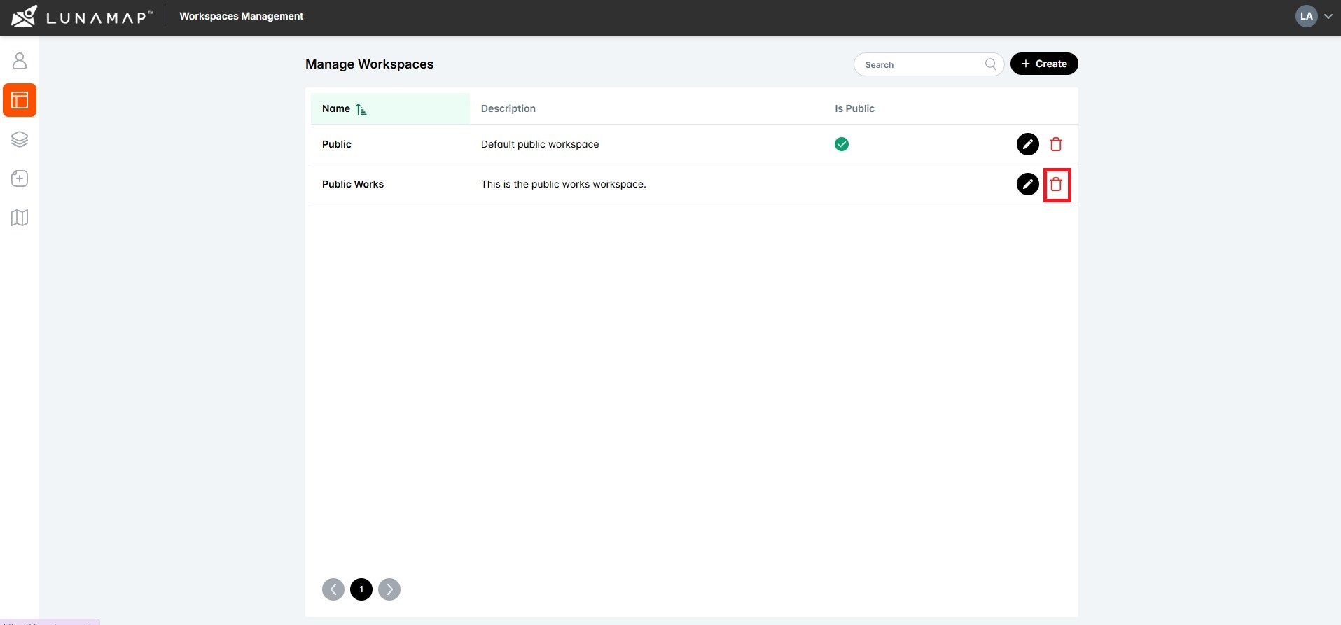 Delete a LunaMap Workspace