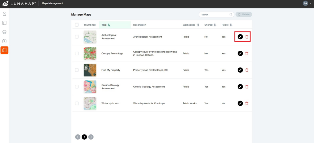 Manage Maps page shows all maps in a table
