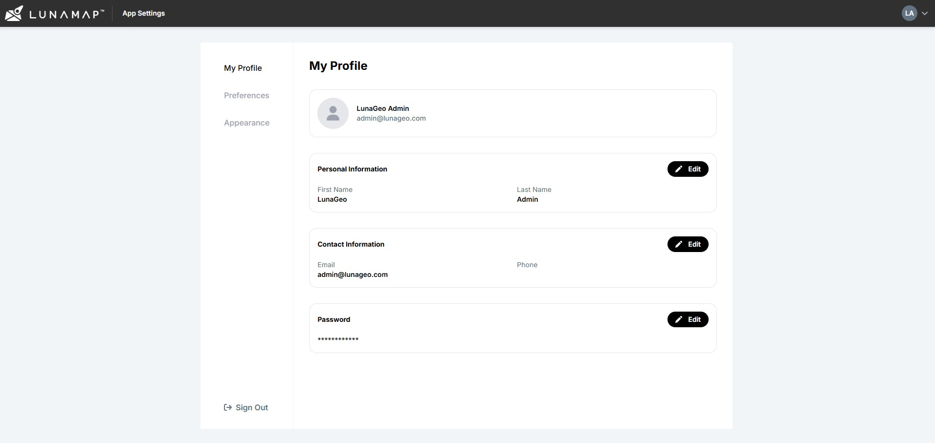 LunaMap User and Administrator Settings